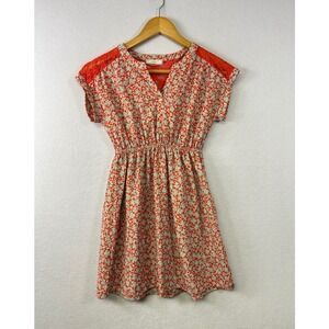 Soprano Women's Orange Floral Lace Cap Sleeve V‎ Neck Elastic Waist Dress S